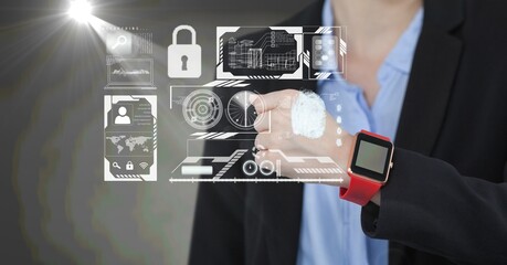 Composition of screen with digital online security icons over businesswoman with smartwatch