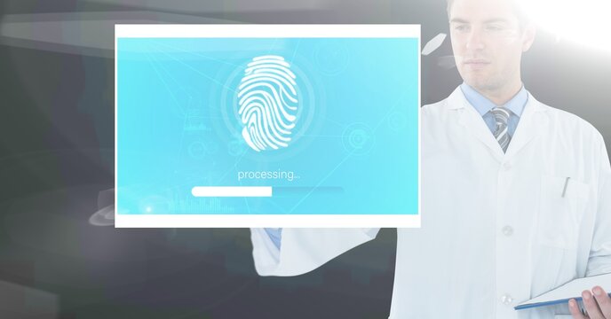 Composition of male doctor touching screen with biometric fingerprint