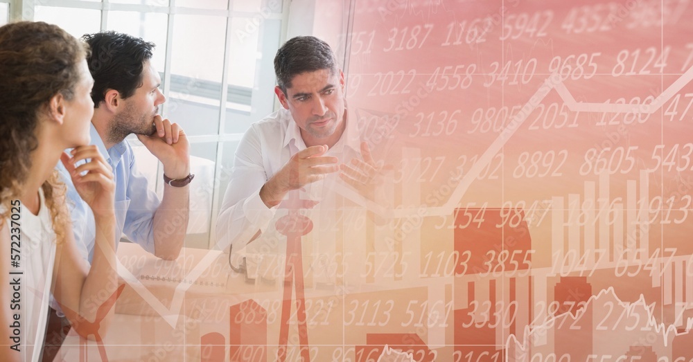 Poster composition of diverse business team in meeting over interface with graph