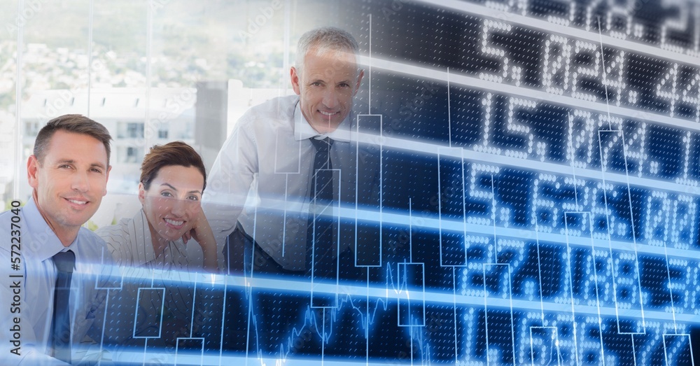 Poster composition of happy diverse business team in meeting over interface with graph