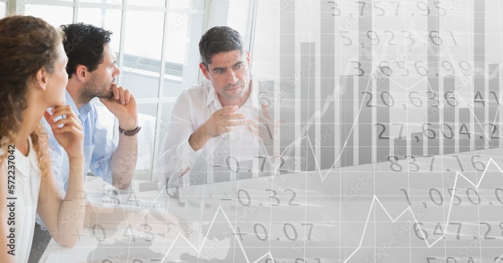 Poster composition of diverse business team in meeting over interface with graph