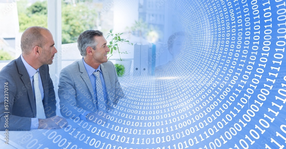 Poster composition of happy diverse business team in meeting over interface with data processing