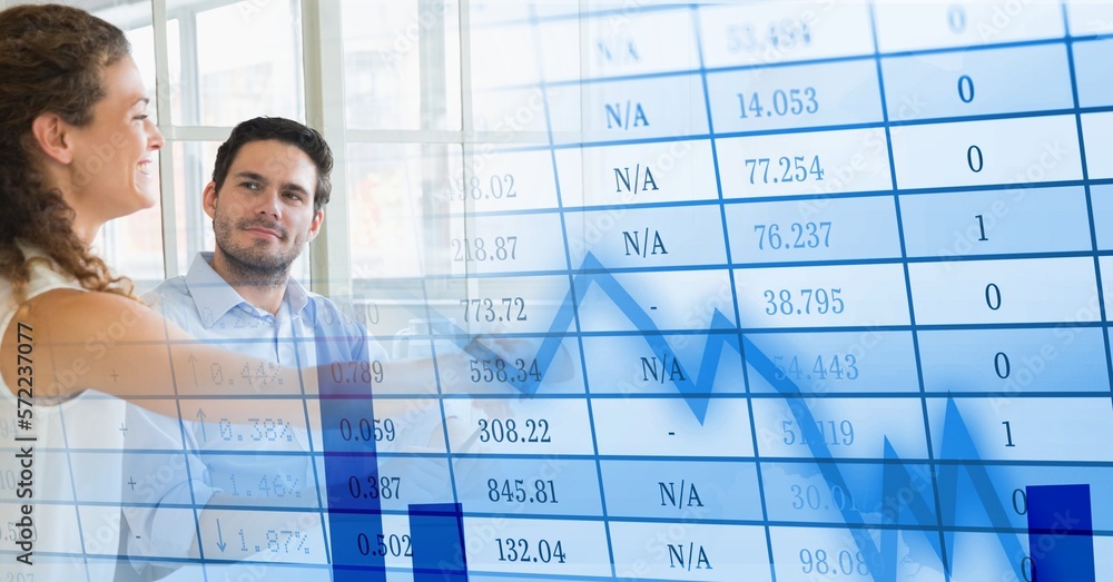 Poster composition of happy diverse business team in meeting over interface with graph