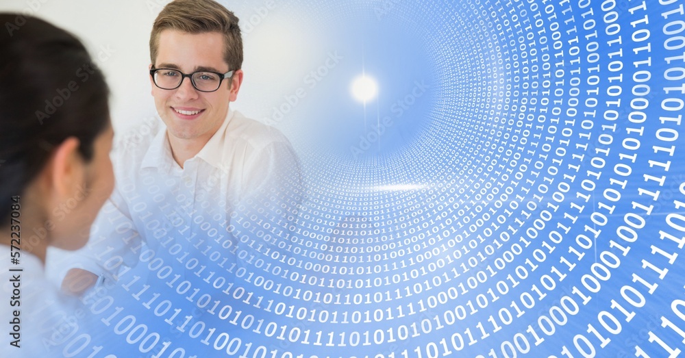 Poster composition of happy diverse businesspeople in meeting over interface with data processing