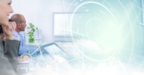 Composition of happy diverse business team in meeting over interface with white circles