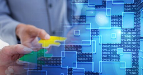 Composition of diverse business team holding puzzle pieces interface with shapes and data processing