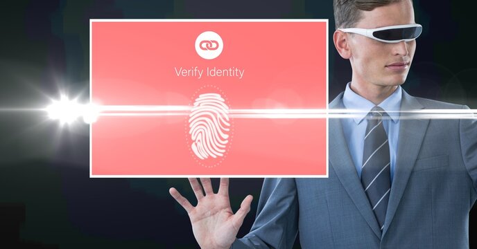 Composition of businessman with vr glasses touching screen with biometric fingerprint