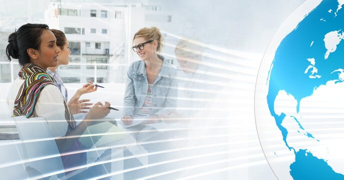 Composition of happy diverse business team in meeting over interface with globe