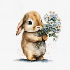 Fotobehang Boho dieren Watercolor cute bunny hold flower. Delicate spring illustration - rabbit with bouqet. AI generated Image, digital art. Nursery decor, wall art, printable illustration. AI generated Image, digital art.