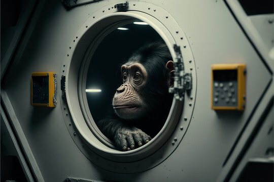 close up of a monkey looking out of a window. generative ai.