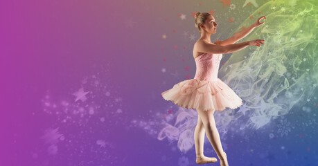 Composition of female ballet dancer in pink tutu with copy space on purple background