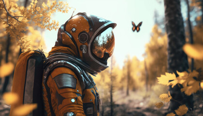 An astronaut in an orange spacesuit in the autumn forest looks at a butterfly, generative ai