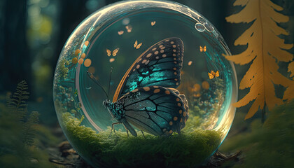 Beautiful butterfly in a soap bubble against the backdrop of a forest with moss and leaves, generative ai