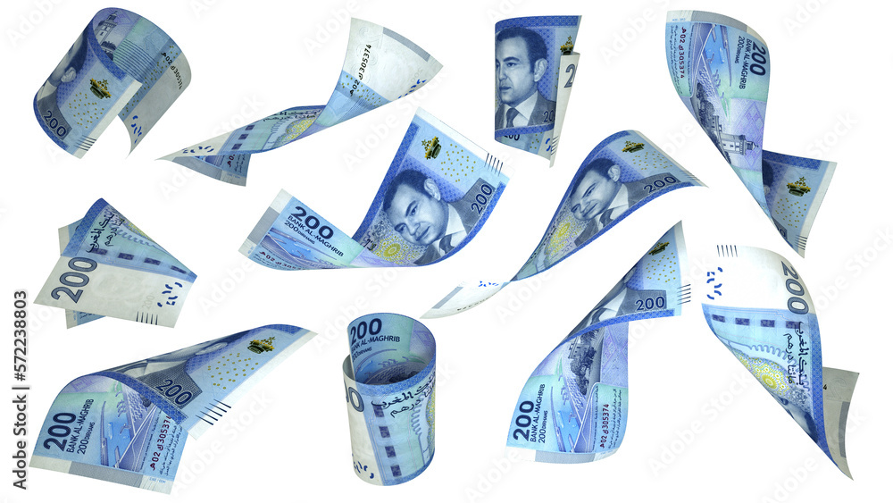 Poster set of 200 moroccan dirham notes flying in different angles and orientations