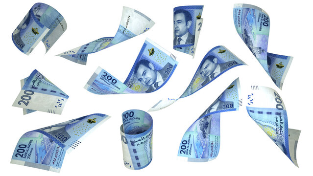 Set of 200 Moroccan dirham notes flying in different angles and orientations