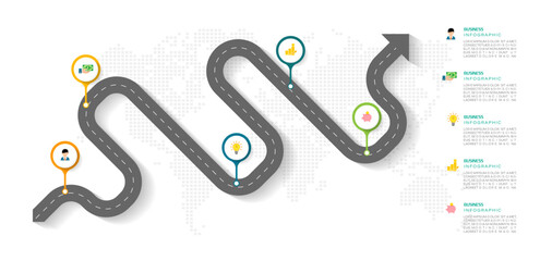Infographic template for business. 5 Steps Modern Timeline diagram with road journey concept, presentation vector infographic.