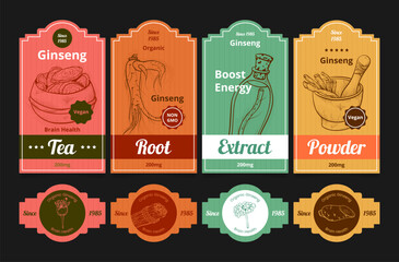 Organic ginseng tea root extract powder label vintage engraved emblem design set vector illustration