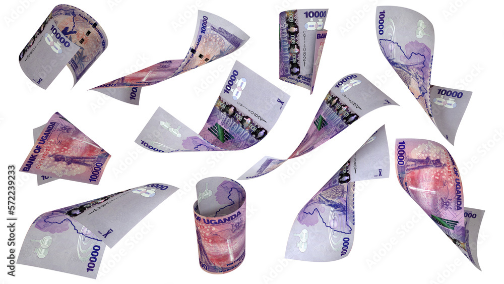 Poster 3d rendering of 10000 ugandan shilling notes flying in different angles and orientations