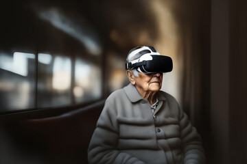 Une personne agée avec un casque de réalité virtuelle sur la tête VR - generative AI - obrazy, fototapety, plakaty