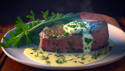 A succulent steak with garlic butter sauce and fresh herbs generative AI