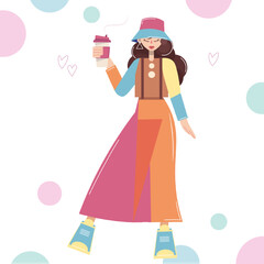 A woman holds a plastic cup of coffee or tea in her hand. Vector flat illustration of a girl with a hot drink in her hand. A woman drinks, enjoying the aroma of the drink. Isolated on white background