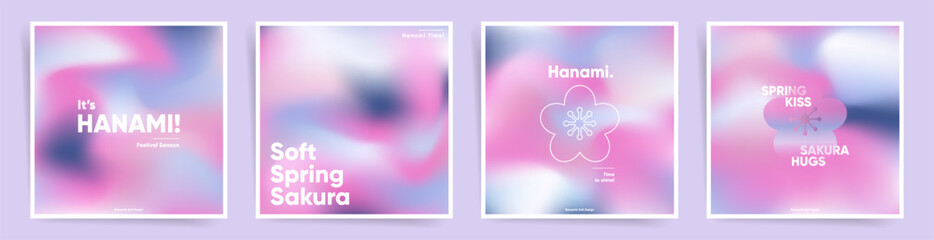 Set of Hanami Spring square post backgrounds. Cute gradient Japanese Spring art design. Post templates, cards or poster covers, social media posts with fashion gradients. Sakura wave layout set.