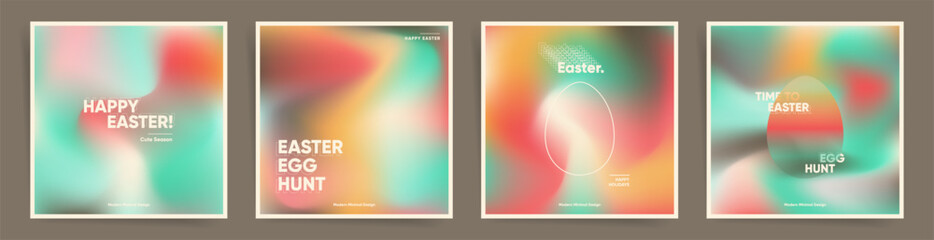 Set of Happy Easter square post backgrounds. Mesh gradient Easter Egg Hunt art design. Poster templates, cards, layouts, covers, social media posts with color gradients. Wave layout spring set.