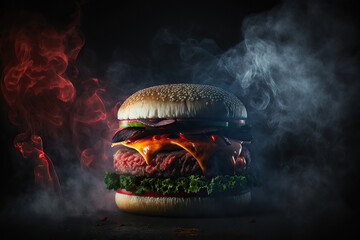 Spicy Beef Burger with Fire and smoke - Generative AI