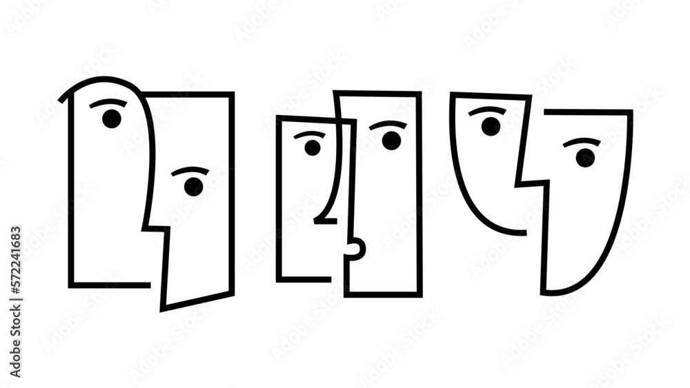 Poster cubism face isolated on white background with single line style.