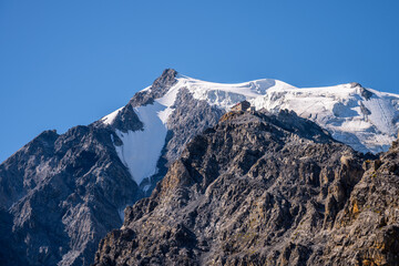 Rocky summit and glacier of Ortler Mountain, 3 905 m, and Julius Payer House at normal route. The highest peak of Tyrol and former Austrian-Hungarian empire. Eastern Alps, Italy