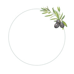 round frame with watercolor image of olive 
branches and black olives