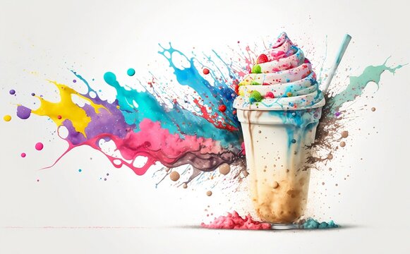 Milk shake cocktail watercolor illustration. Generative AI technology.