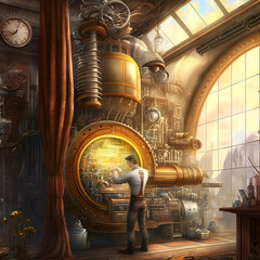 A mechanic working to fix A steampunk dream vista