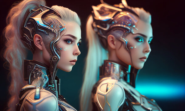 Two attractive sci-fi robotic girls and blurred spaceship on background. Artificial intelligence. Postproducted generative AI digital illustration with non existing person.
