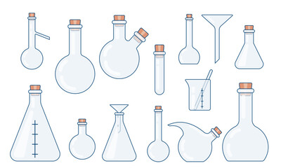 A set of laboratory utensils: a chemical test tube, a flask, a glass. Vector flat illustration