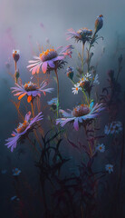 Obraz na płótnie Canvas Painterly wild flowers on abstract background with smokey lights and fog around, soft and elegant, Generative Ai