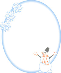 Oval winter frame with snowman and Christmas snowflakes