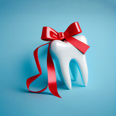 Fototapeta na wymiar 3d model of a tooth with a red bow on a blue background, dentistry concept