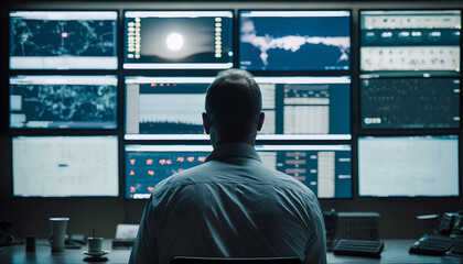 Real-time surveillance, security guard or officer at central control panel, Generative AI