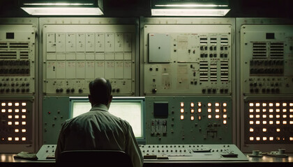 Engineer working at an electrical station central control panel, power systems maintenance, Generative AI