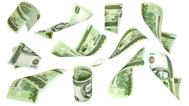 3D rendering of 1000 Mozambican metical notes flying in different angles and orientations