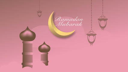 Eid Mubarak greeting Card Illustration, Ramadan kareem background illustration with arabic lanterns, mosque, moon, and clouds.