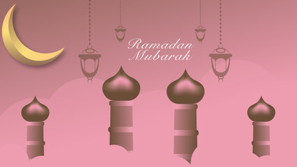 Eid Mubarak greeting Card Illustration, Ramadan kareem background illustration with arabic lanterns, mosque, moon, and clouds.