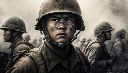 Portrait of asian soldier in war. Generative AI illustration.