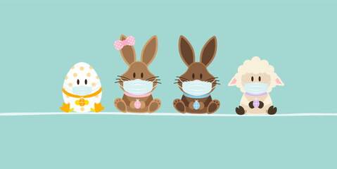 Schaf, 2 Osterhasen Mädchen/Junge & Osterei Maske Banner Türkis