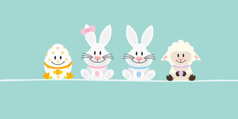 Osterei, 2 Weiße Osterhasen Mädchen/Junge & Schaf Banner Türkis