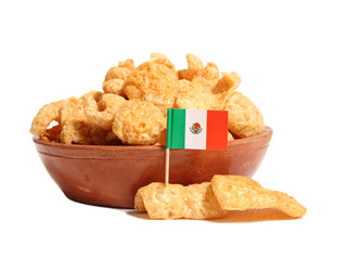 Bowl of Fried Pork Skins With Flag of Mexico Isolated on White Background