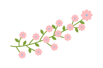 Delicate green twig with pink flowers. Botanical elements. Meadow herbs, wildflowers. Floral Herb Design elements for postcards, scrapbooking, textiles. Spring botanical vector illustration