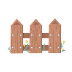 Illustration of a fragment of a wooden garden fence. Fence with flowers and herbs