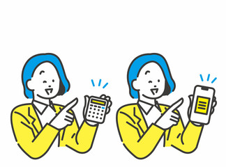 電卓とスマホ決済を勧める女性社員のイラスト素材